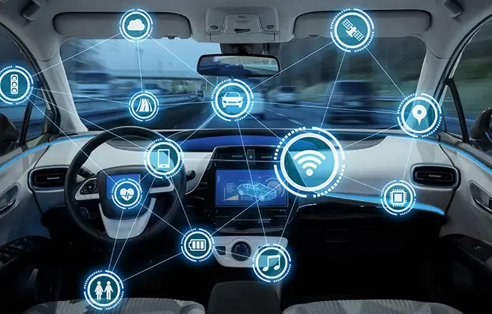A series of holographic icons inside a car.